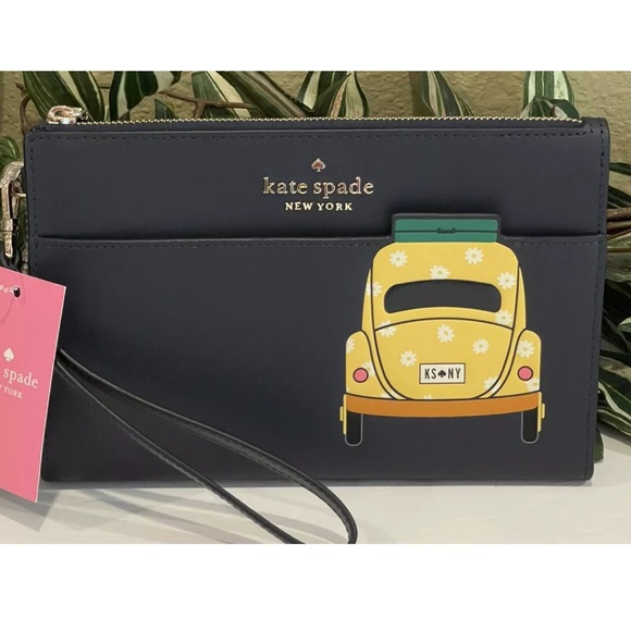 KATE SPADE BEEP MEDIUM WRISTLET CARD HOLDER WALLET VW BUG YELLOW CAR NAVY BLUE - Picture 5 of 9